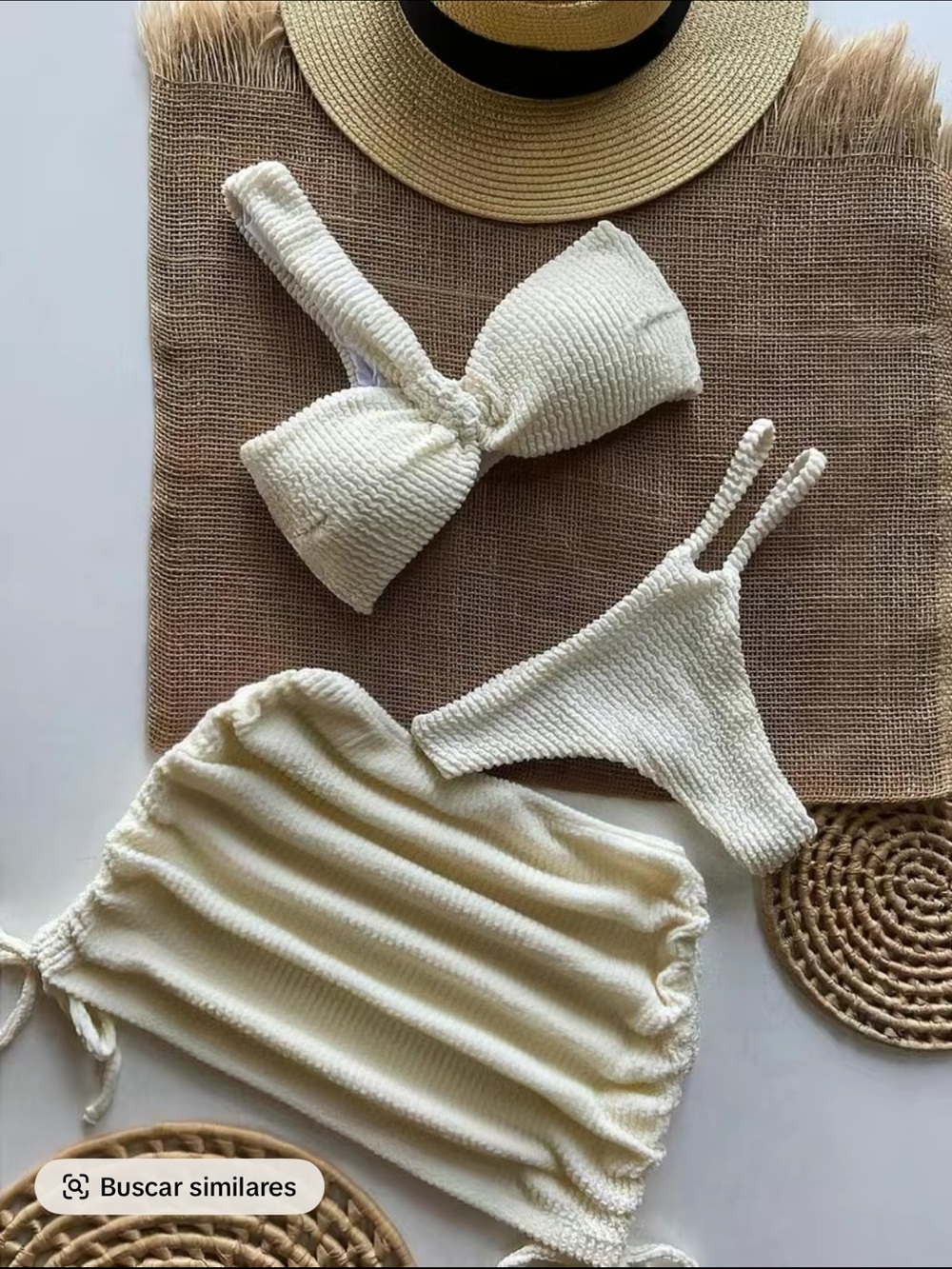 Woman Cream Textured 3-Piece Swim Set